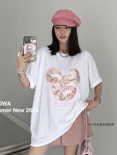 卓娃ZW卡通贴布刺绣宽松T恤女韩范中长款 情侣半袖 版 2024春季 上衣