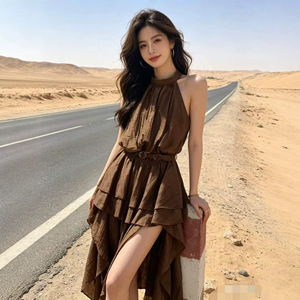 2026夏季新款女装无袖荷叶边连衣裙带腰带穿搭挂脖露肩不规则短裙