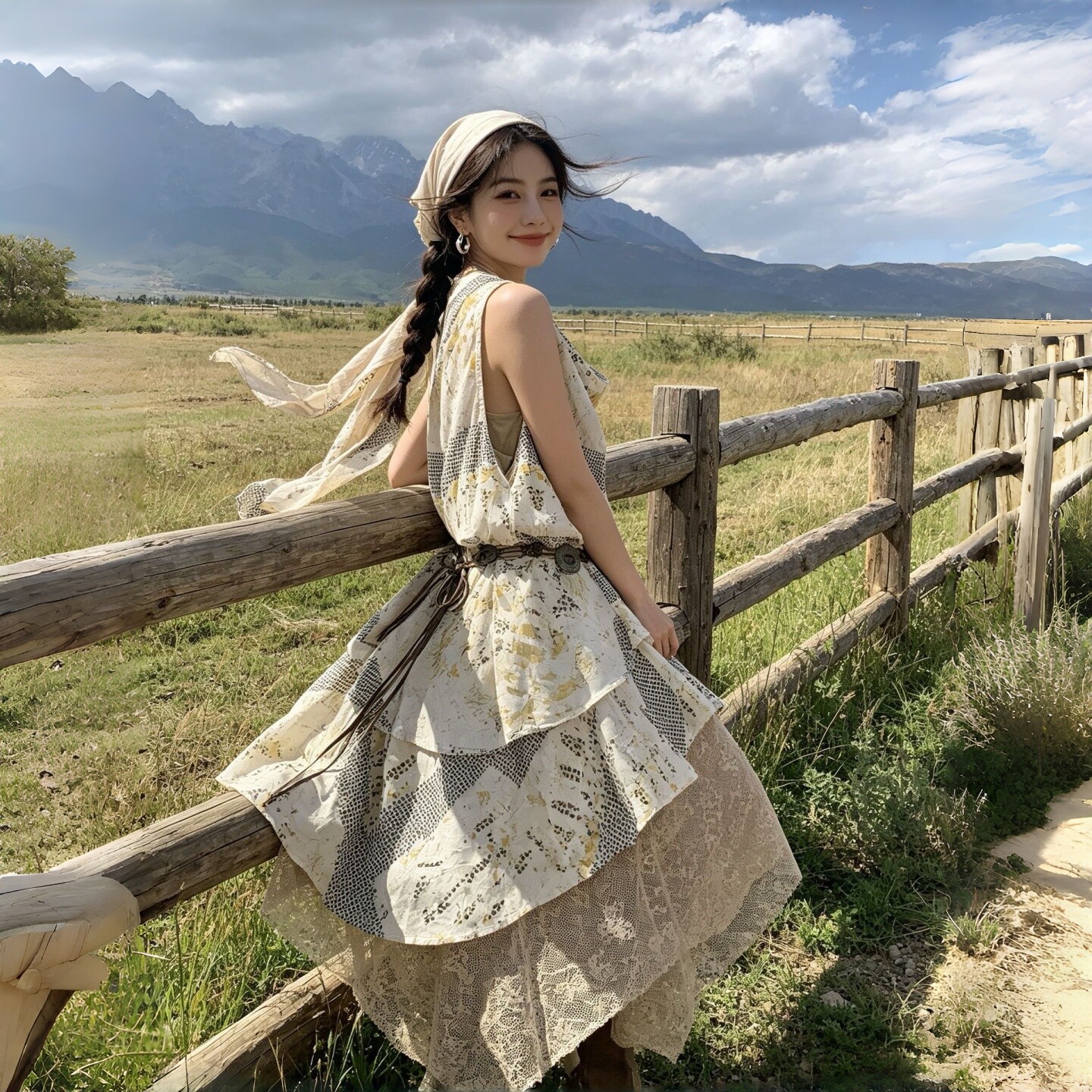 盐甜风雪纺堆堆领印花两件套长裙