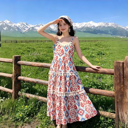 复古波西米亚印花V领收腰连衣裙
