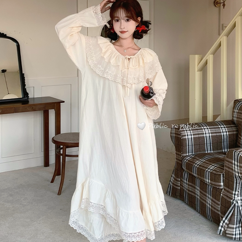 韩国PB品牌睡衣女甜美纯色刺绣蕾丝花边清新舒适长袖中长家居套装