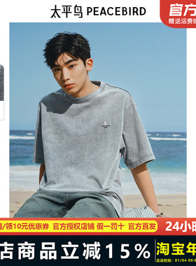 太平鸟男装晚心联名水洗做旧体恤夏新款潮刺绣短袖T恤&BBCNF214T