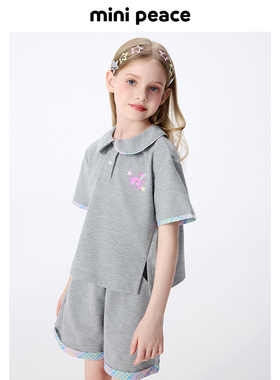 MINIPEACE太平鸟童装女童套装夏季儿童上衣短裤两件套华夫格polo