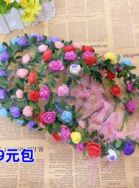 花环头花新娘头环头饰绿叶12朵花经典公园古镇地摊活动发饰森女头