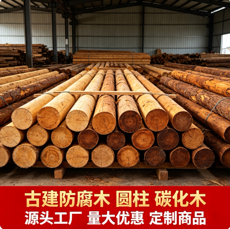 防腐木圆柱户外实木杉木菠萝格立柱房梁木横梁檩条盖房子圆木柱子