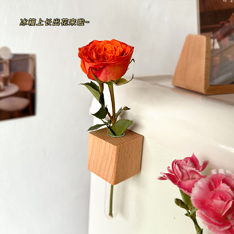 简约榉木试管花瓶吸磁冰箱贴 ins创意插花水培器中古风木质装饰