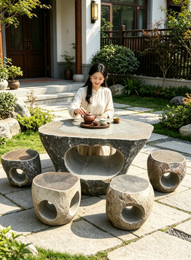 惠安石雕原石鹅卵石桌凳庭院