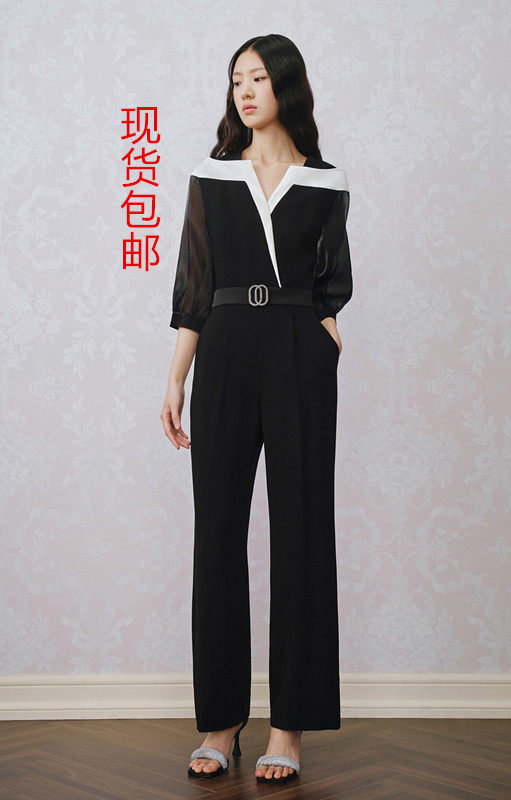 2023夏季新款高端定制一字领撞色拼接流光纱连体服1C63120520