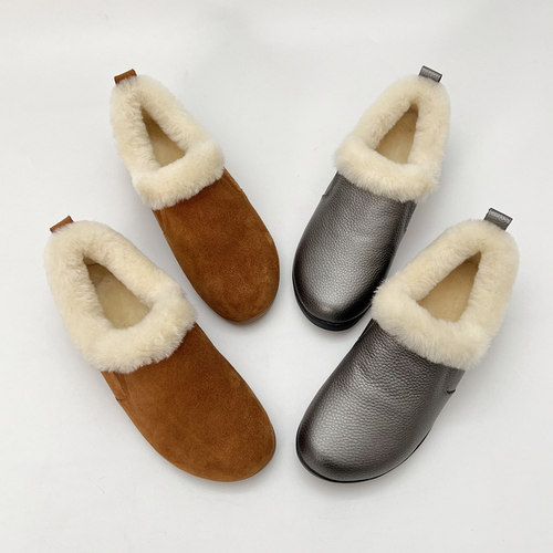 柜雅氏女鞋真皮羊毛靴子加厚保暖毛毛鞋平底雪地靴柔软舒适短靴冬