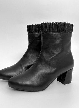 柜雅氏女靴真皮加绒高跟小众时装靴柔软舒适软面软底褶皱粗跟短靴