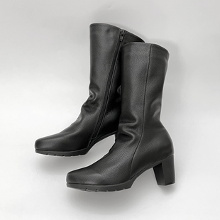 柜雅氏女靴柔软舒适真皮中筒靴高跟加绒保暖宽口宽楦牛皮粗跟靴子