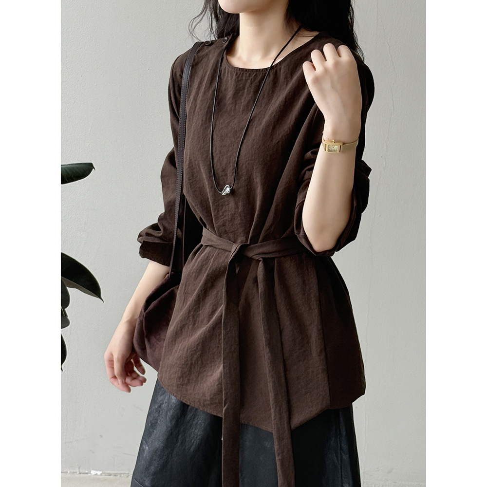 言双 复古圆领系带休闲衬衣女 秋季百搭长袖收腰显瘦上衣82627