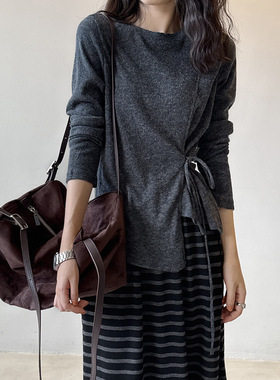 言双 韩系绑带收腰长袖针织衫女 秋季新款别致宽松打底上衣20169