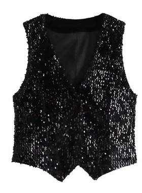 春季新款广场舞重工亮片马甲女曳步舞鬼步舞嘻哈时尚百搭上衣CXD