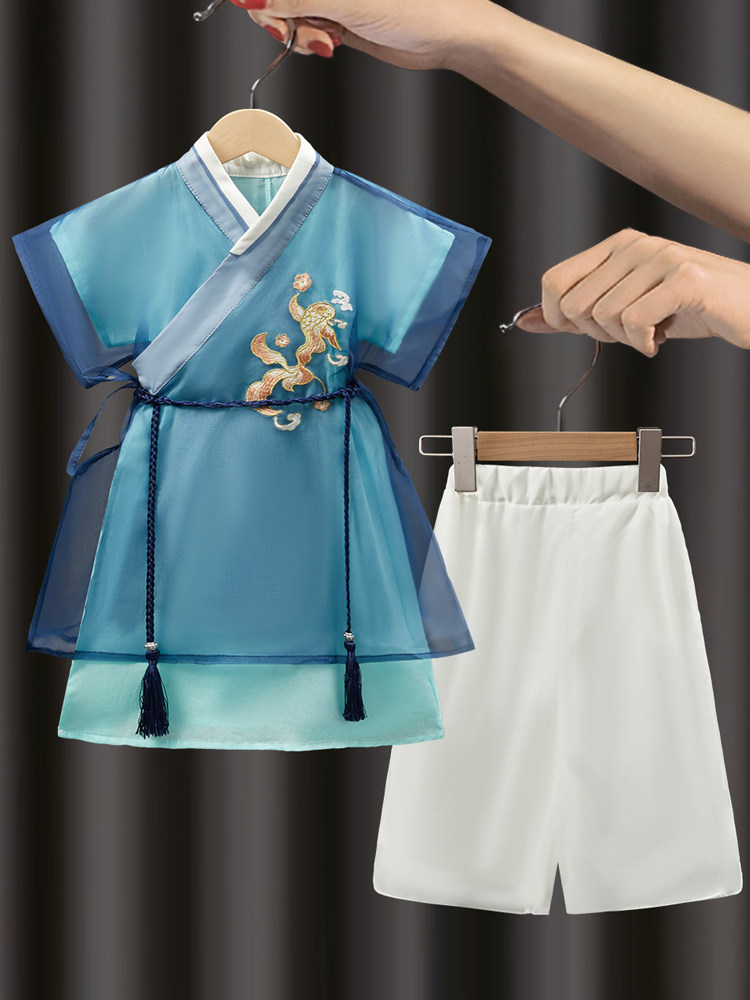 飞鱼服男童古装儿童夏纱织幼儿汉服儿童学子衣体式服装竹叶林服装