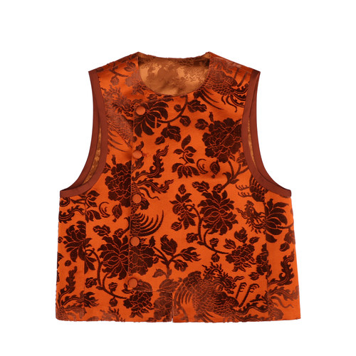 JINYU矜羽【熔金】新中式桔红色漳缎包扣马甲上衣秋冬款