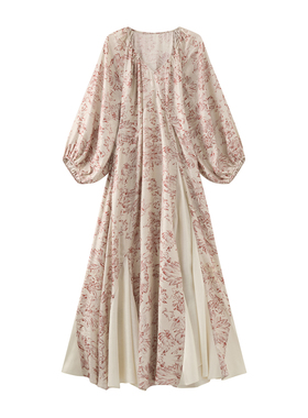 JINYU矜羽【绯花】V 领长裙 遮肉显瘦碎花裙女连衣裙