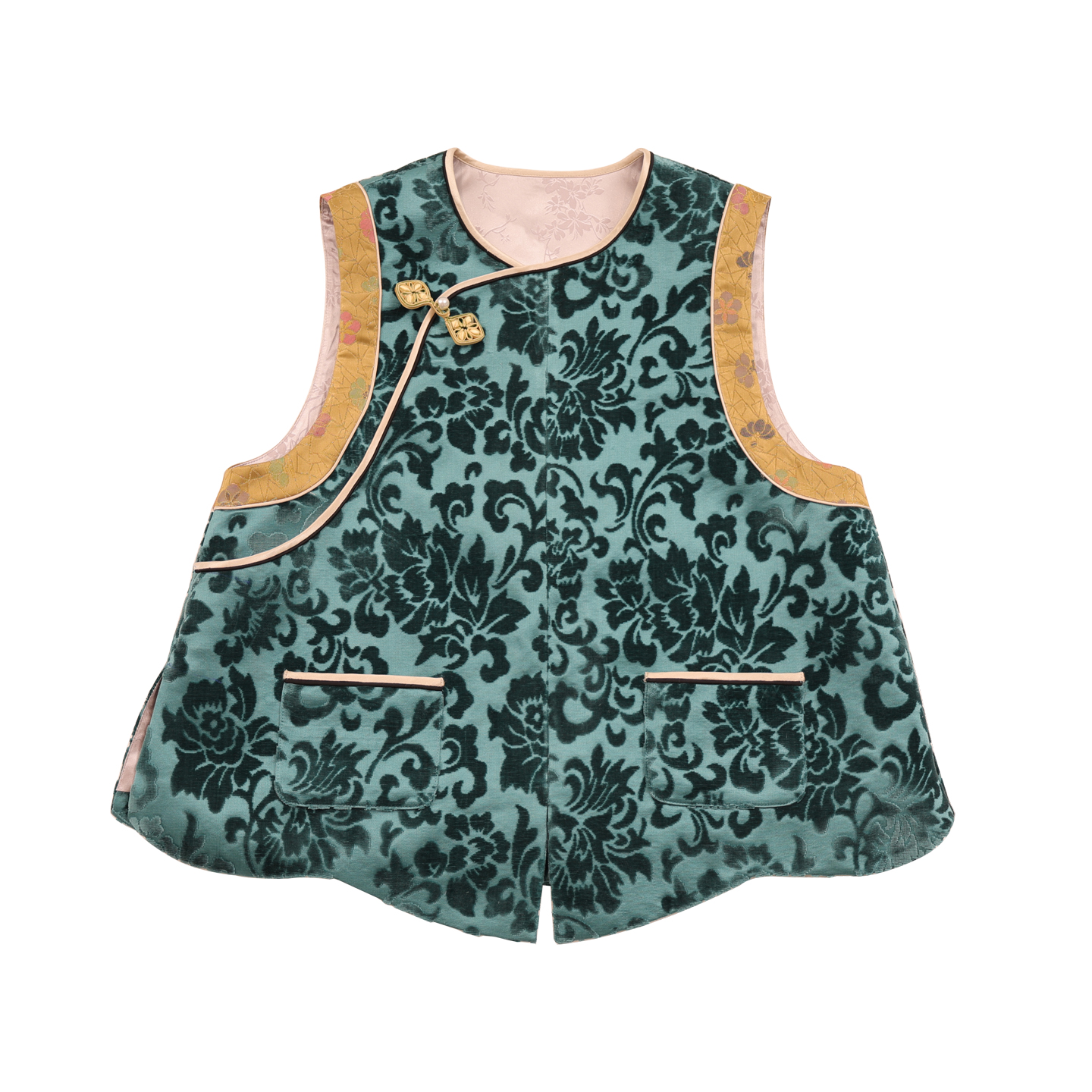 JINYU矜羽 （汀兰）新中式湖蓝色漳缎圆领叠穿马夹女上衣冬款