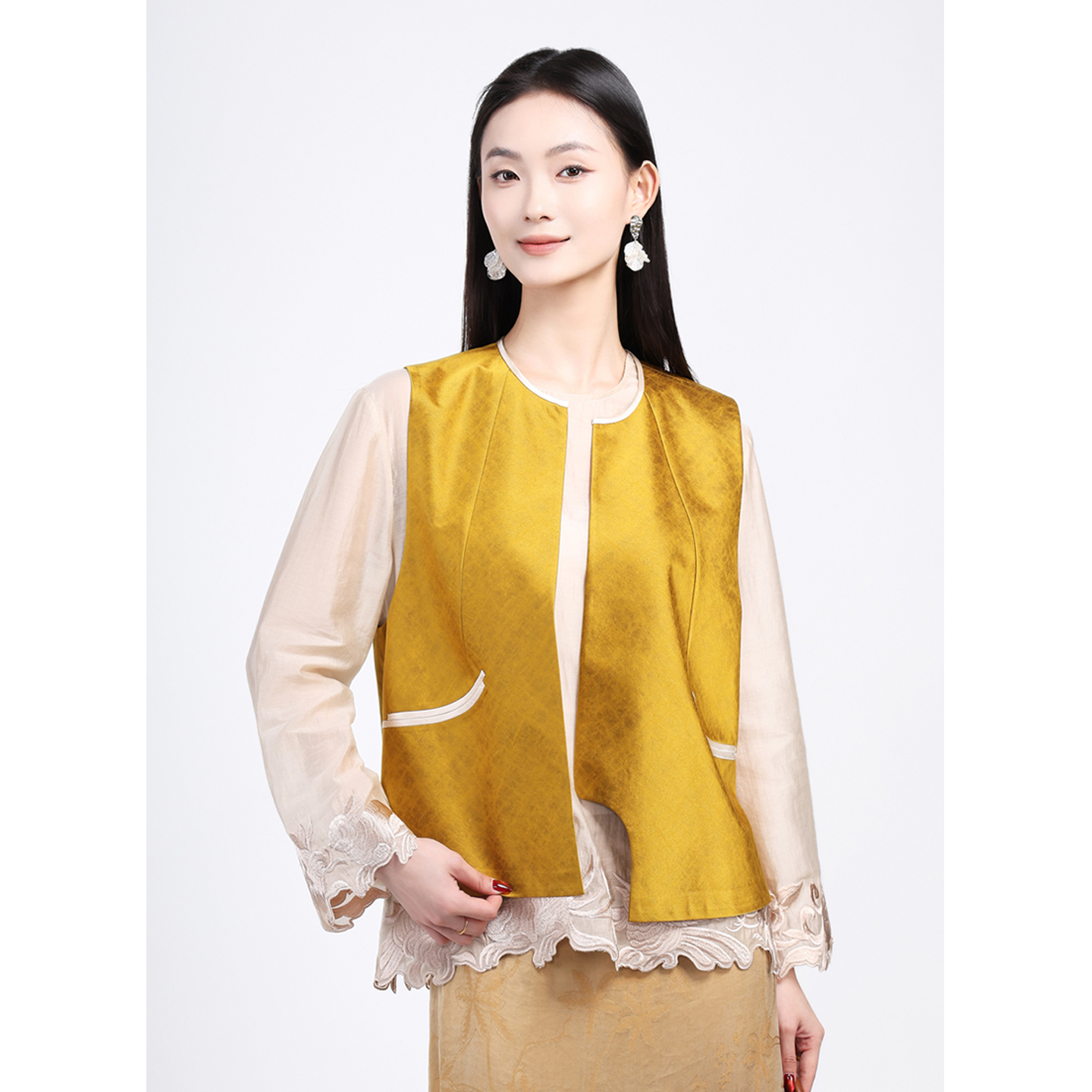 JINYU矜羽【浮金】黄色香云纱龟裂纹马夹 新中式叠穿马甲