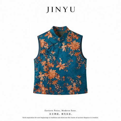 JINYU矜羽【焦糖花纹】孔雀蓝新中式红云纱上衣马甲女唐装