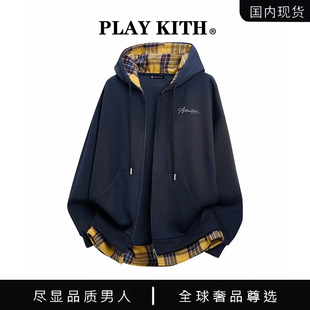 【国内现货】PLAY KITH 美式街头复古连帽开衫外套高街拼色格卫衣