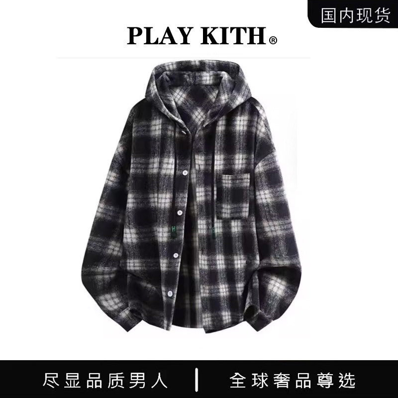 PLAY KITH秋冬磨毛加厚连帽外套街头美式格子条纹呢子长袖衬衫