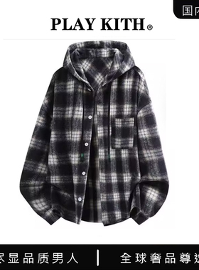 PLAY KITH秋冬磨毛加厚连帽外套街头美式格子条纹呢子长袖衬衫