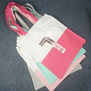 HA1外单简约字母拼色帆布包文艺休闲单肩包购物包补课补习包拎袋