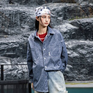 2026春秋季新款美式豹纹印花长袖衬衫宽松大码工装外套做旧翻领衬