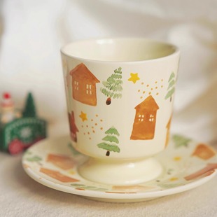 景德镇手绘釉下彩清新浮雕花朵咖啡杯手握拉花杯花口杯猪口杯礼物