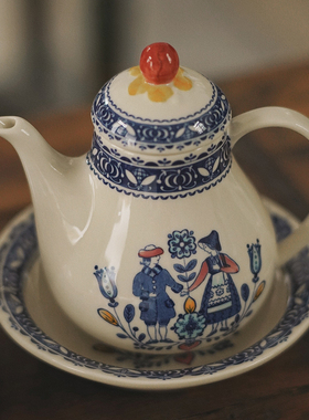 清现货Johnson Brothers英国中古釉下彩心花跳舞男孩女孩陶瓷水壶