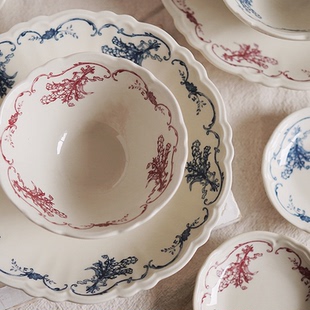 复古怀旧花束甜品咖喱意面早餐盘铜板转印古典植物印花平餐盘饭碗