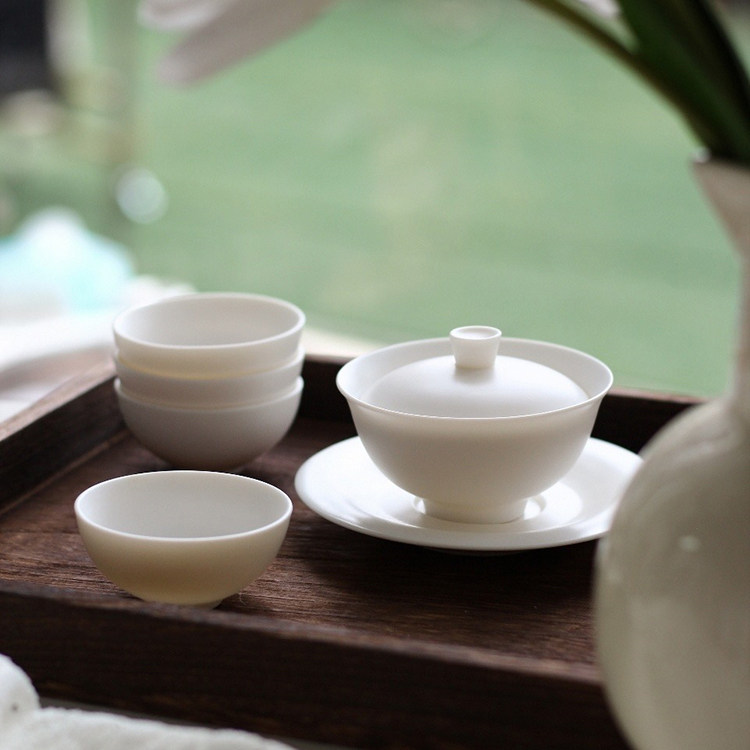 素烧盖碗羊脂玉高端盖碗陶瓷家用手工茶具三才功夫茶具泡茶神器