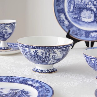 沙拉碗 轻奢汤碗饭碗 出口欧式 复古青花描金系列骨瓷高脚6寸碗