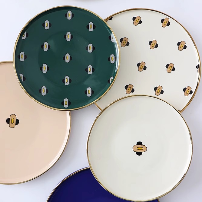 北欧轻奢陶瓷盘 手绘24k描金餐盘甜品糕点盘 水果沙拉汤碗盘