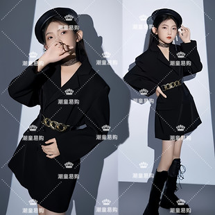 儿童黑色加长西装主题摄影艺术写真女童模卡T台走秀大玩家潮服装