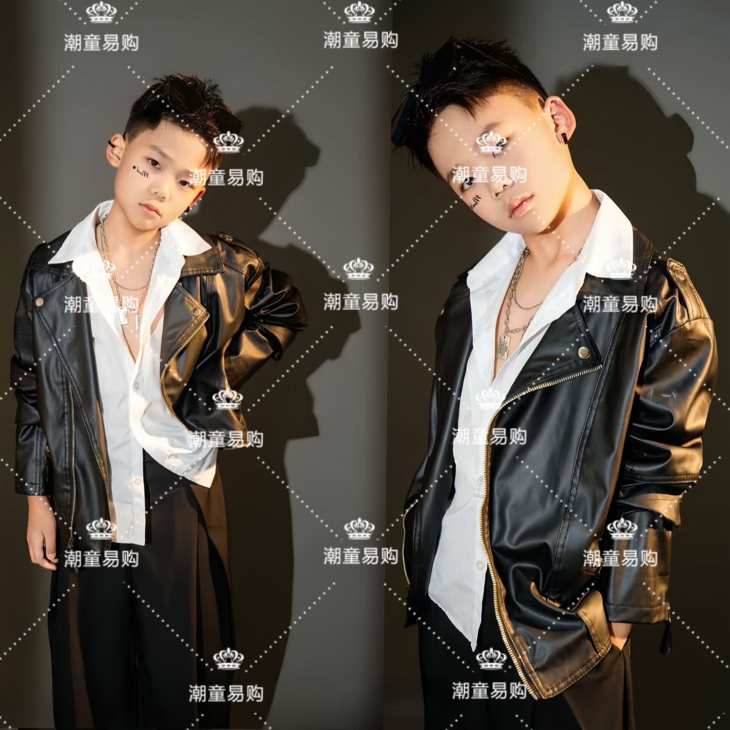 2026新款儿童机车黑色皮衣摄影写真男童T台走秀模特大赛演出服装