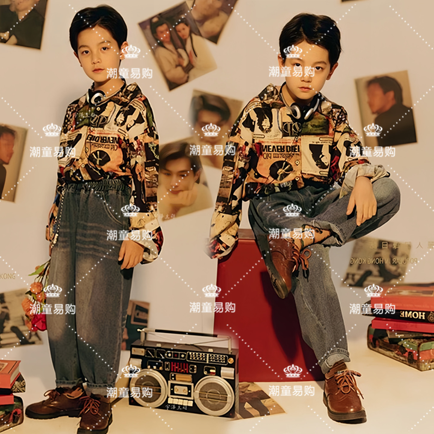复古港风男童演出服六一主题摄影