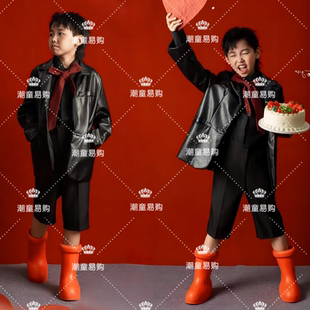 儿童炫酷黑色皮衣主题摄影写真男童T台走秀模特比赛个性 演出服装