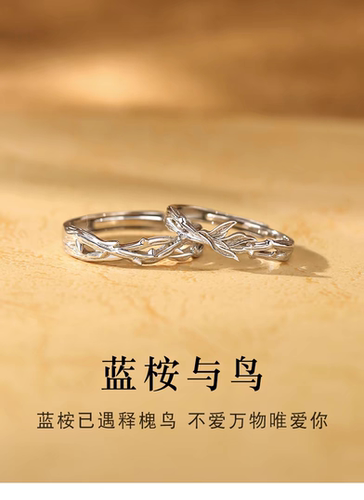 纯银蓝桉与鸟情侣一对戒指小众男女款高级感刻字纪念礼物送女友