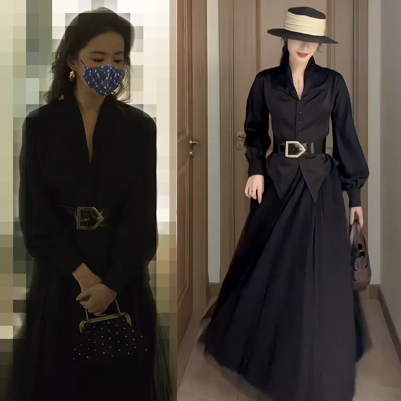 黑色上衣加纱裙连衣裙长款裙子玫瑰故事同款收腰显瘦法式蓬蓬长裙