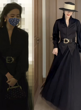 黑色上衣加纱裙连衣裙长款裙子玫瑰故事同款收腰显瘦法式蓬蓬长裙