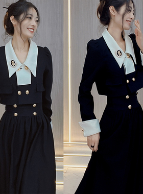 黑色短款西服小外套加高腰A字裙两件套秋冬款气质西装上衣伞裙