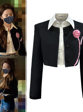 黑色立体花朵外套女短款玫瑰故事黄亦玫同款高级感小西服修身外衣