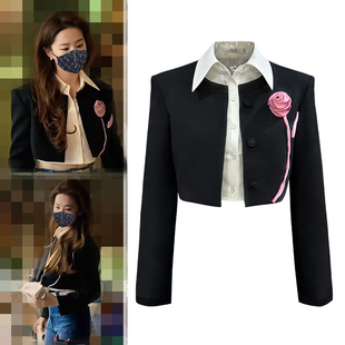 黑色立体花朵外套女短款玫瑰故事黄亦玫同款高级感小西服修身外衣