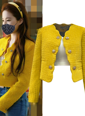 黄色纽扣外套小香风短款长袖上衣玫瑰故事黄亦玫同款小个子短夹克