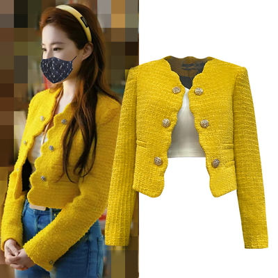 小香风短款长袖玫瑰故事黄色上衣