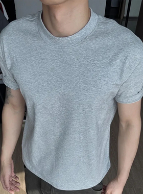 索罗娜250g速干凉感冰皮男正肩t恤显大打底小领口boxy短袖休闲T恤