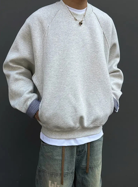 2025新款美式短款宽版圆领拼接卫衣男衬衫袖宽松百搭卫衣秋冬加绒