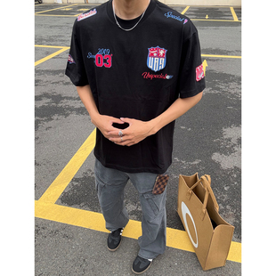 美式高街机车徽章刺绣短袖T恤男款宽松纯棉圆领街头潮牌同款上衣